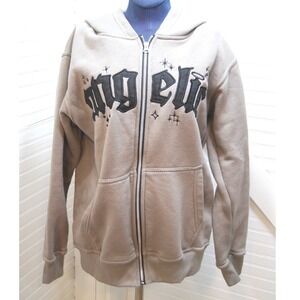 Women's Y2K hoodies medium Angelic Motion Full Zip Embroidered Gray Grunge